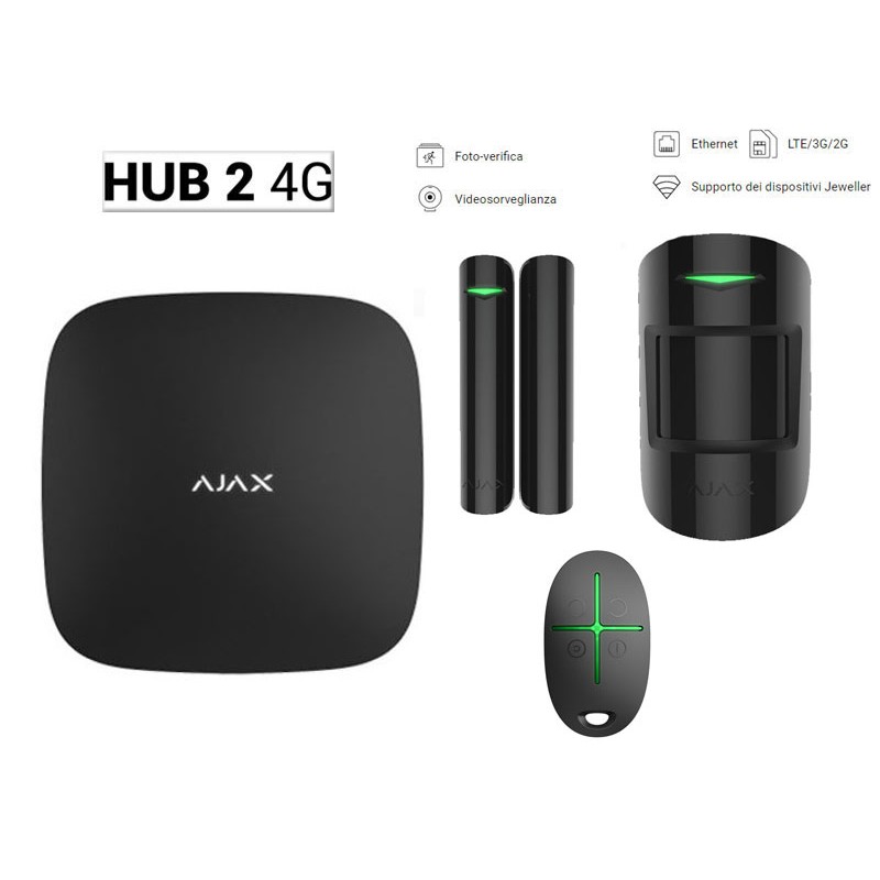 KIT DI ALLARME AJAX COMPOSTO DA CENTRALE HUB 2 4G (2G + 3G + 4G/LTE + DUALSIM + ETHERNET), RIVELATORE MOTIONPROTECT, CONTATTO MA